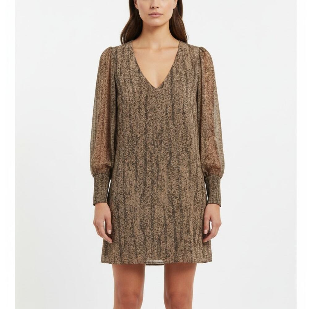 Rory Beca Silk Snakeskin Print Mini Shift Dress Small Cuff Blouson Sleeves Brown